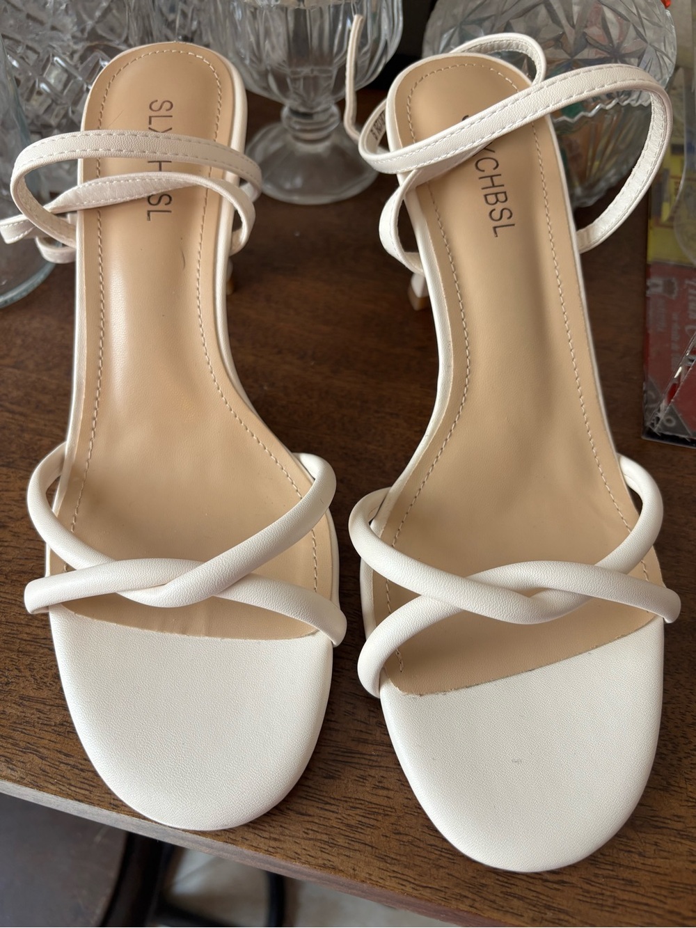 Brand New! Off White Strappy Mid-Heel Sandals for Women (Size: 9)